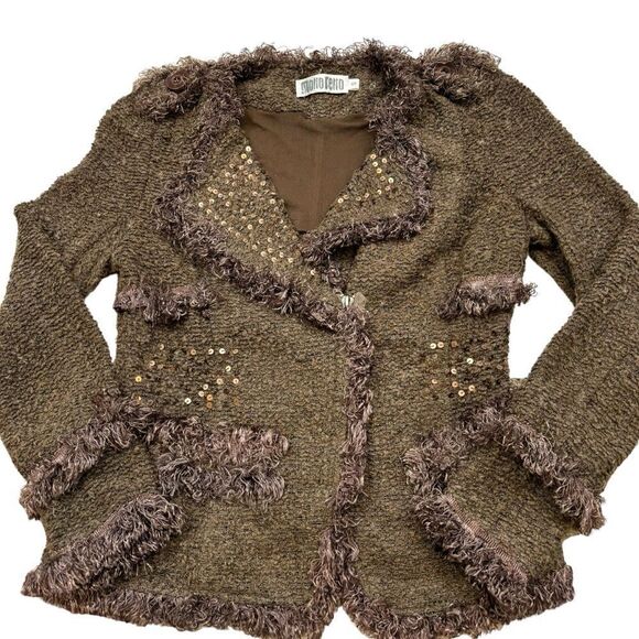 Ladies MonoReno Brand Brown Sequin Detail Zipper Front Cardigan Size Small - Picture 8 of 16